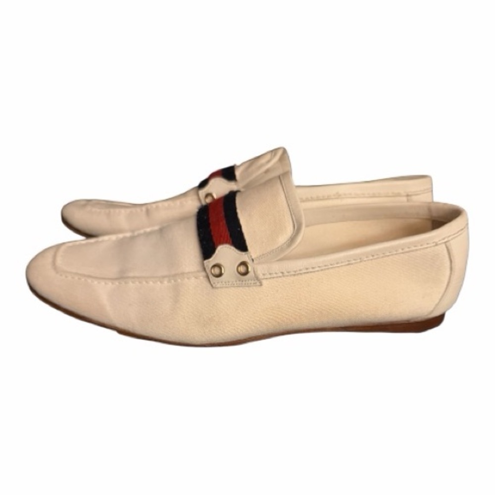 Gucci Men's White Canvas and Leather Loafers with Navy and Red Accent - Picture 2 of 6